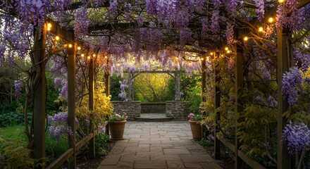 Fototapeta premium Walking Through Wisteria Covered Pergola with Lights and Stone Path