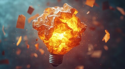 Crumpled paper lightbulb radiating, floating fragments against a blurred backdrop