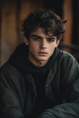 Obraz premium Young man with curly hair and hoodie