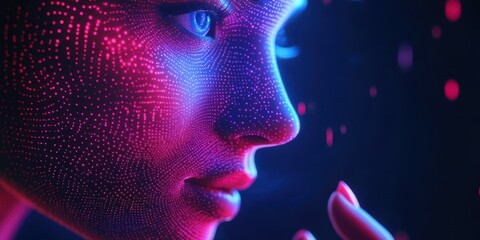 Digital portrait of a woman with luminous patterns reflecting technology and emotion in a vibrant setting at night