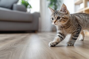 Naklejka na ściany i meble A curious cat walks gracefully across the smooth wooden floor in a comfortably furnished apartment while enjoying the warm afternoon light