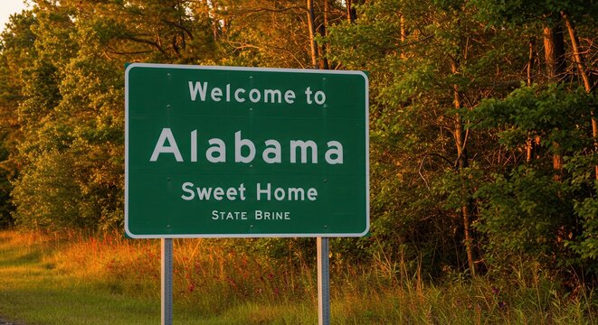 Welcome to Alabama Roadside Sign Among Trees at Golden Hour