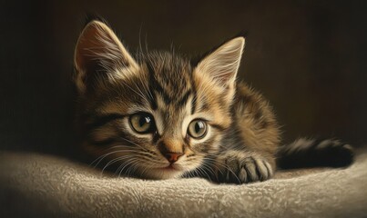 Playful tabby kitten gazing curiously into the camera illuminated by soft natural light, evoking warmth and charm in a heartwarming pet portrait