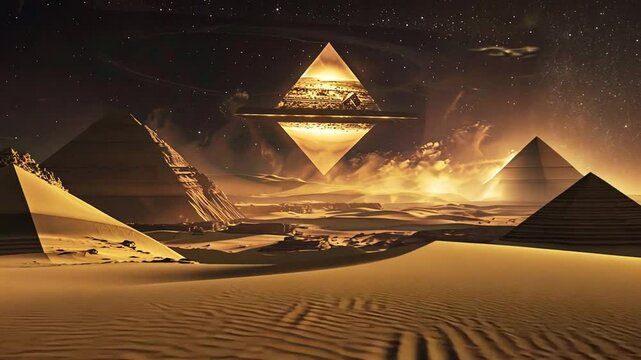 Schwebende Pyramide &uuml;ber einer W&uuml;ste