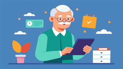 An elderly man confidently swiping through his tablet demonstrating to his class how he can now read and respond to emails from his children and grandchildren.. Vector illustration