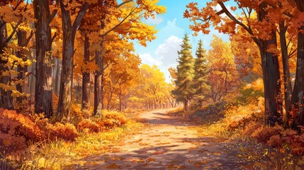 Fototapeta premium Autumn forest. Forest pathway through the autumn forest. Sunny forest autumn landscape in sunny day