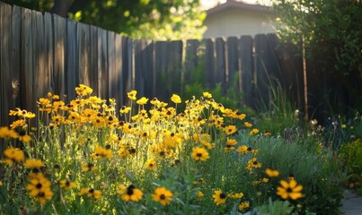 Obraz premium Rustic backyard garden with a wooden fence, vibrant yellow wildflowers, and dappled sunlight streaming through, creating a serene and inviting space