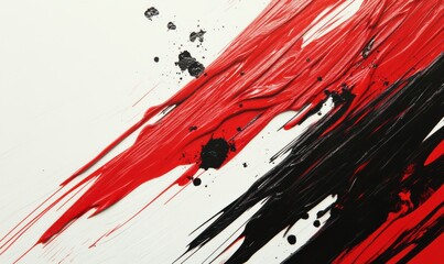 Bold red and black paint splatters layered diagonally on a white textured surface, creating a dramatic and striking abstract visual