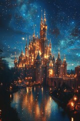 Fototapeta premium Illuminated castle reflects on calm night water.