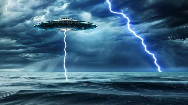 UFO mit Blitzen &uuml;ber dem st&uuml;rmischen Meer