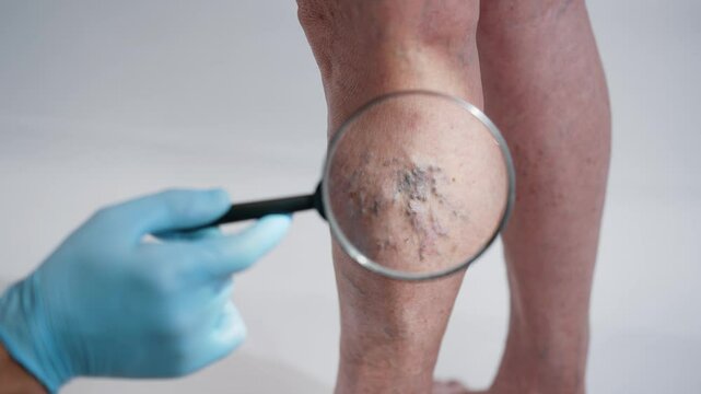Doctor Closely Inspecting Varicose Veins with Magnifying Tool
