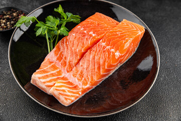 Salmon red fish organic seafood tasty fresh delicious gourmet food background on table rustic food top view copy space keto and paleo diet vegetarian food pescetarian diet