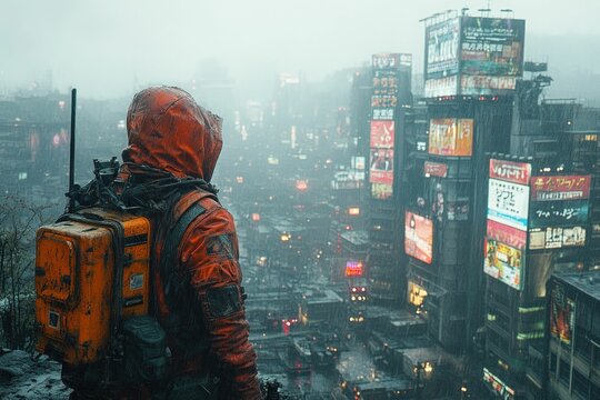 Rainy city vista, lone figure in orange, pensive gaze.