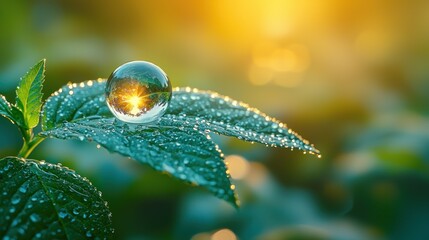 Dewy leaf with glass ball reflects sunrise. Serene, tranquil scene