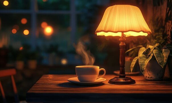 Cozy cafe corner with a steaming coffee cup, a glowing lamp, and a rustic wooden table, creating a warm and inviting evening vibe .