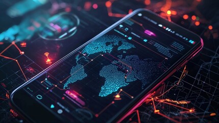 Smartphone display showing a world map with glowing digital lines, symbolizing global connectivity and data analysis. Ideal for tech and international business.