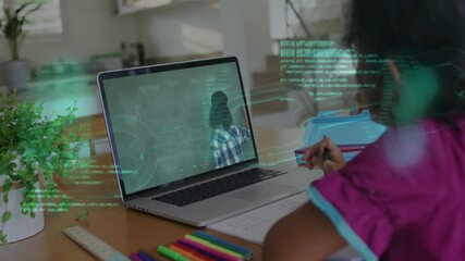 In school, child learning online with animation of digital code on laptop screen - Powered by Adobe