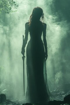 Mysterious warrior woman stands misty forest.