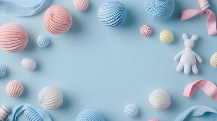 Fototapeta premium Pastel Baby Decorations Flatlay with Knitted Bunny