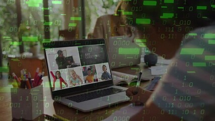 People in virtual meeting on laptop screen with binary code animation overlay - Powered by Adobe