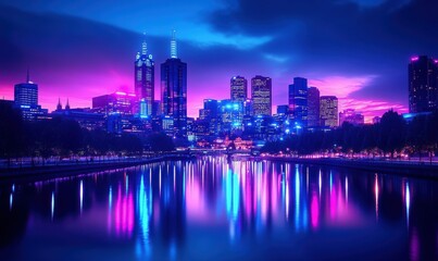 Dynamic urban skyline glowing with vibrant neon blue and purple lights reflected on a calm river creating a futuristic cityscape .