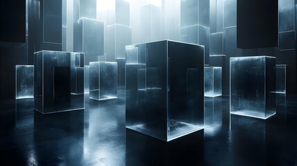 Reflective Dark Blue Cubes in a Futuristic Cityscape