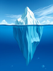 Iceberg Floating in Blue Ocean Vector Illustration. Big iceberg floating in sea with massive underwater, metaphor business iceberg northern on water sea illustration. All in a single layer.