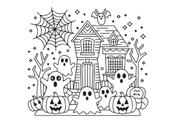 Spooky Halloween Scene: Ghosts, House, Pumpkins
