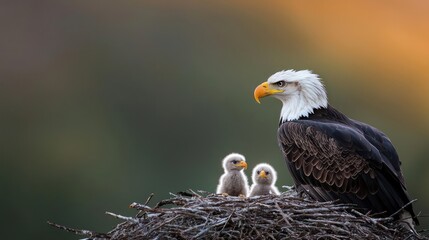 Adult Bald Eagle with Two Eaglets in Nest at Sunrise