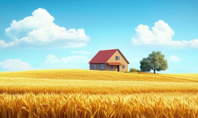 Idyllic rural landscape with a cozy farmhouse surrounded by golden wheat fields under a clear blue sky, creating a tranquil and abundant atmosphere