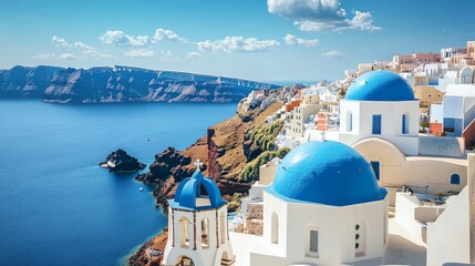 Fototapeta premium Santorini's Blue Domes Aerial View, Coastal Composition, Island Paradise, Greece. Santorini, Greece