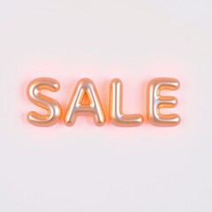 A vibrant sale sign features glossy, balloon-shaped letters against a light background. The letters glow softly, emphasizing the promotional message
