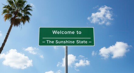 Fototapeta premium Welcome to Florida Sign with Palm Tree on Sunny Day