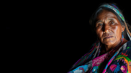 Fototapeta premium Close up portrait of mature indigenous Mexican woman in traditional dress and headscarf, intense gaze and textured features. Isolated on black background. Copy space, aspect ratio 16:9