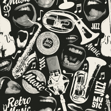 Vector seamless pattern on the theme of retro jazz music with singing mouths, vinyl records and musical instruments. Vector background, suitable for Wallpaper, wrapping paper, fabric