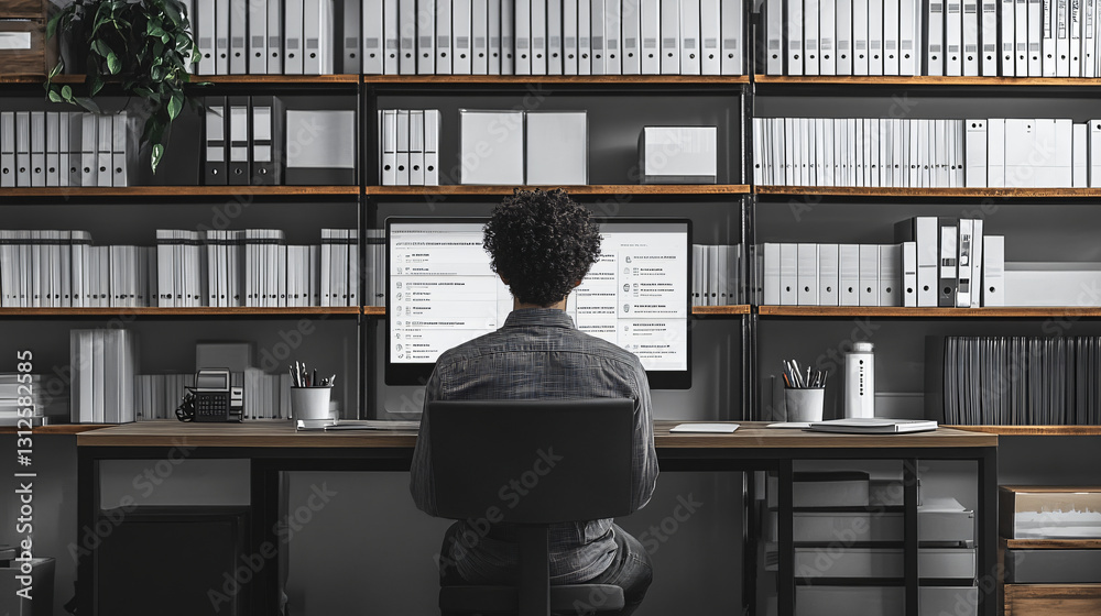 Poster professional individual sitting at desk utilizing ai-driven procurement assistant for efficient supp