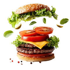 A Burger Bun Flying Open with Lettuce Isolated on Transparent Background