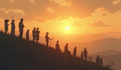 group of people at sunset