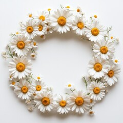 Obraz premium A beautiful wreath crafted from fresh daisies showcases bright white petals and yellow centers, creating a charming decor piece