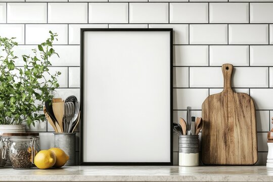 Empty poster frame positioned on a kitchen counter surrounded by utensils, herbs, and fresh lemons highlighting a clean, minimalist style