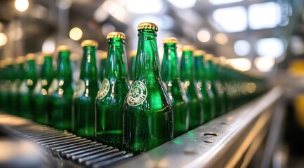Green glass beer bottles are being carefully moved along a production line in a brewery as part of the packaging process