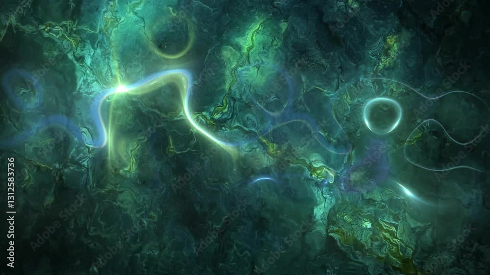 Poster creating mystical swirling design, glowing abstract lines and patterns in animation