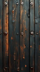 Fototapeta premium Detailed view of weathered wooden planks with dark stains and rusted nails in a rustic setting