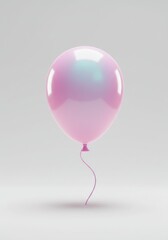 A single, inflated, pink, balloon floats against a light grey, solid background. The balloon is attached to a pink string.