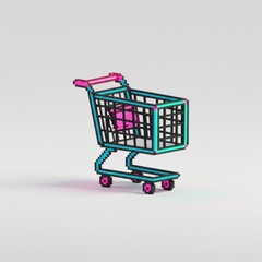 Pixel Art Shopping Cart with Pink and Turquoise Accents on White Background