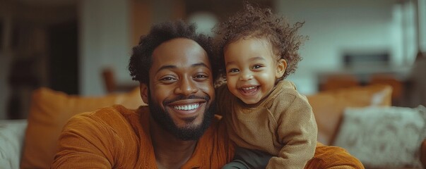 Fototapeta premium Smiling father and child bonding together on a cozy living-room couch