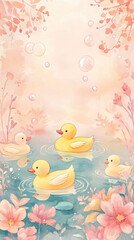 A soft and dreamy watercolor illustration of rubber ducklings floating in a pastel-hued pond surrounded by delicate pink flowers and gentle bubbles