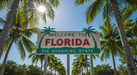 Welcome to Florida Sign with Palm Trees and Sunshine Holiday Concept