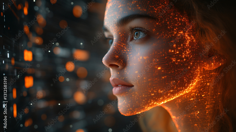 Poster a woman's face illuminated by glowing lights representing the impact of ai-powered demand forecastin