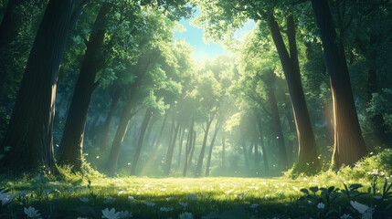 Naklejka premium Vibrant Summer Forest with Straight, Tall Trees Illuminated by Bright Sun, Open Space Under Trees Ideal for Adding Custom Content